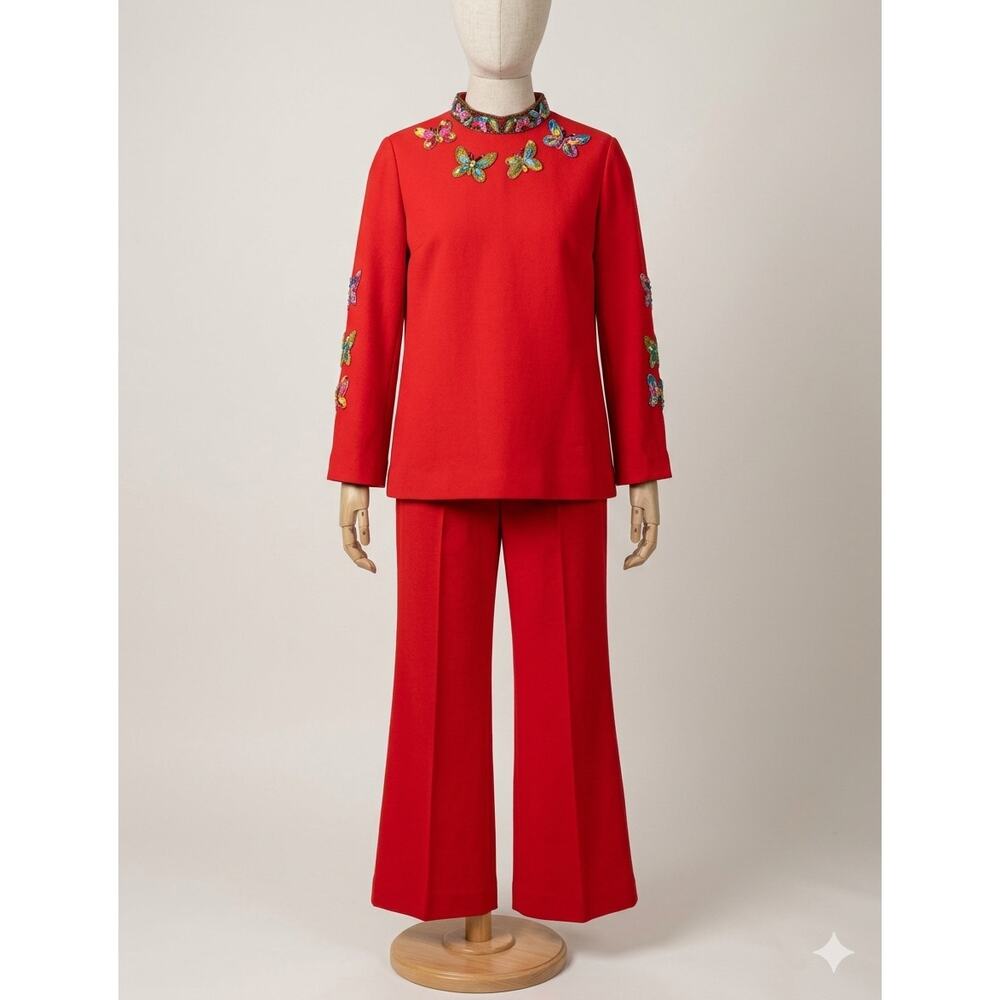 Vintage 70s Handmade Red Butterfly Pants Set Retro Mod Two-Piece Outfit Small